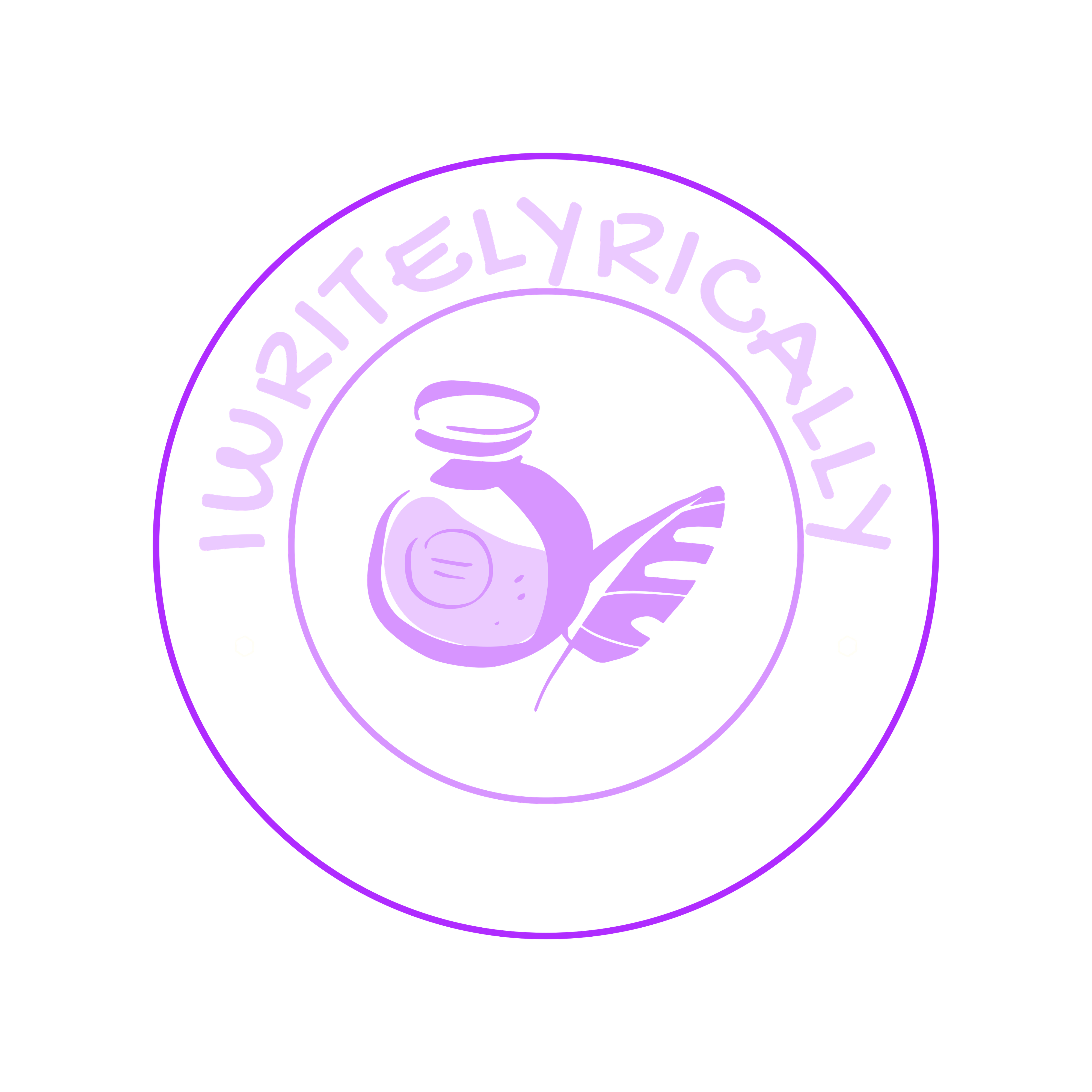 logo with a circle that has "iwritelyrically" written along the curve of the circle inside, with another circle that has a quill and ink.