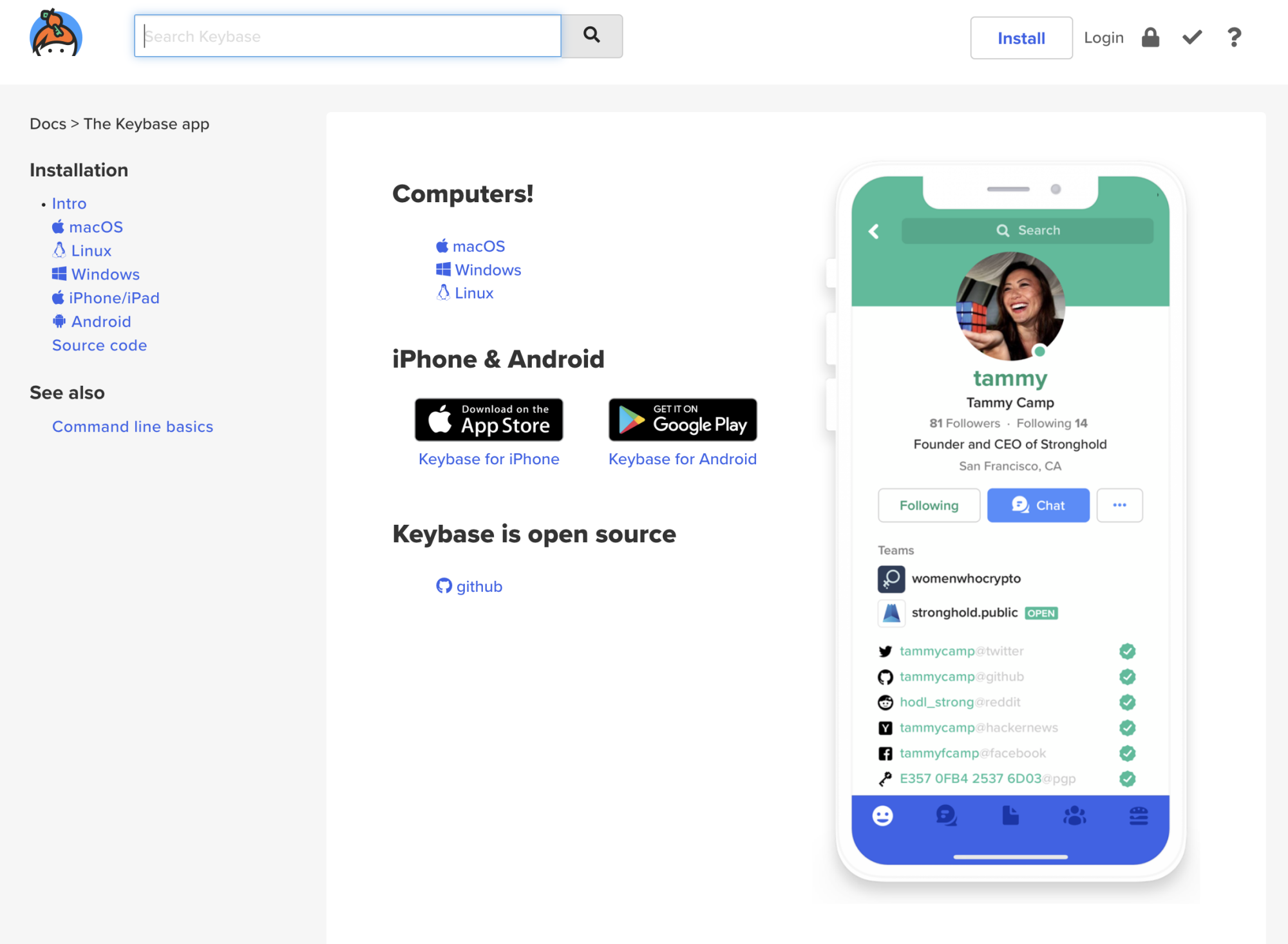 screenshot of Keybase install page