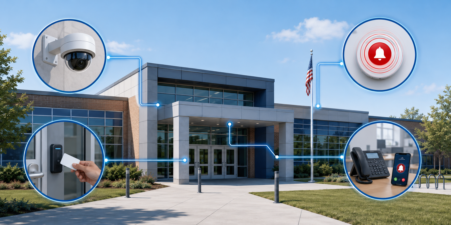 Modern school entrance with connected video surveillance, access control, emergency alerts and staff communications.