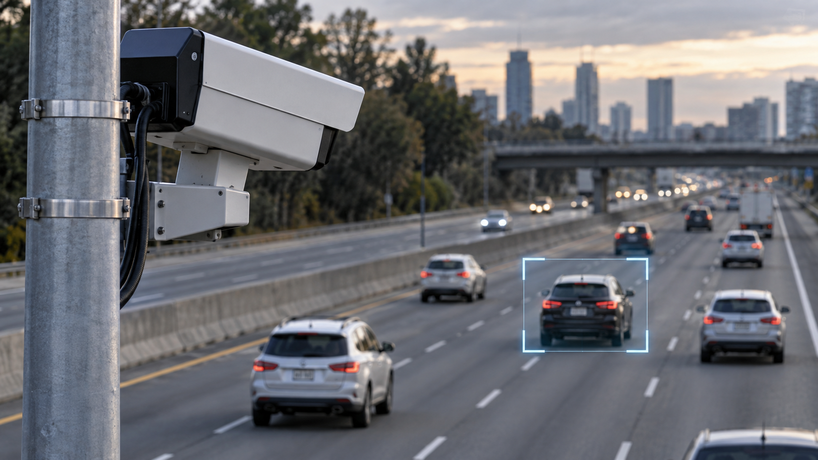 License plate recognition camera monitoring vehicles on a multi-lane highway, with one moving vehicle highlighted to illustrate automated tracking and surveillance.