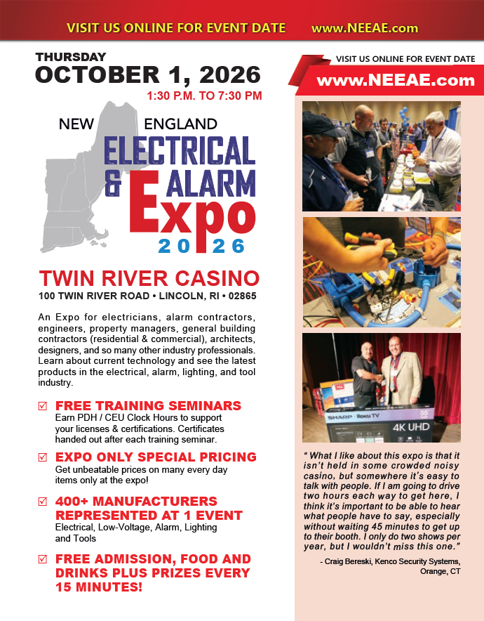 New England Electrical & Alarm Expo flyer with exhibitor and event information