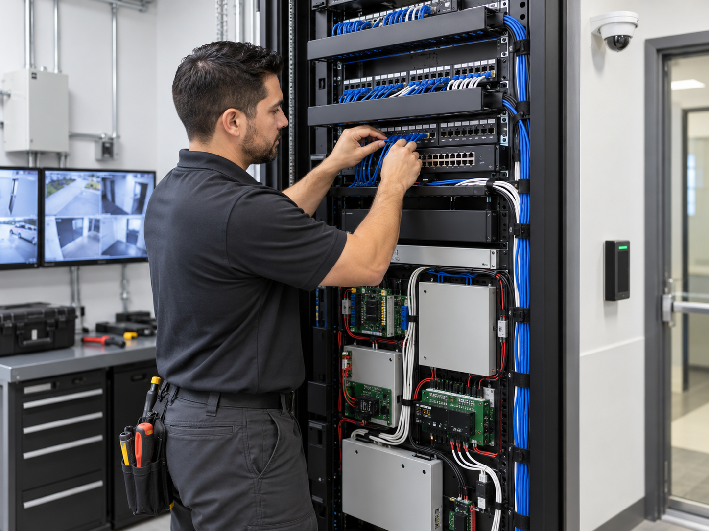 Technician working on low-voltage security and network equipment in a commercial equipment rack, with surveillance and access-control systems visible.