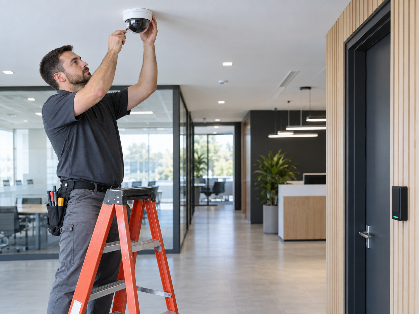 Technician installing a dome security camera in a commercial office, with an access-control reader visible nearby.