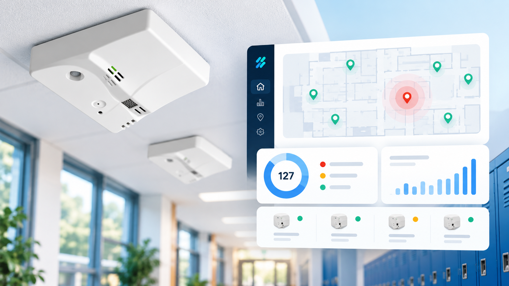 Zeptive vape detectors installed in a school hallway with a digital dashboard showing device locations, alerts, activity trends and system status.