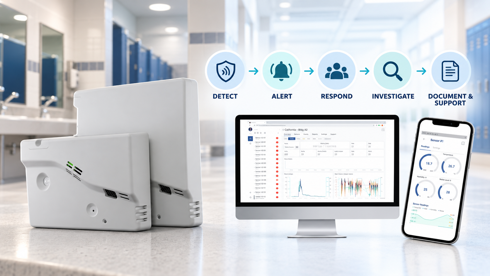 Zeptive vape detection system with detector, dashboard and alert-to-response process