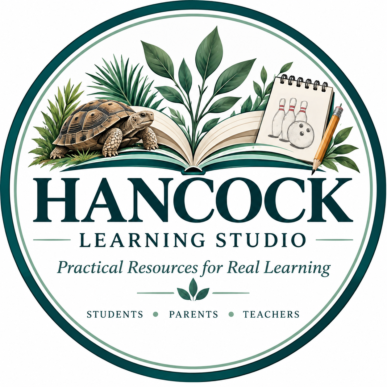 Hancock Learning Studio logo featuring a turtle, open book, and bowling pins.