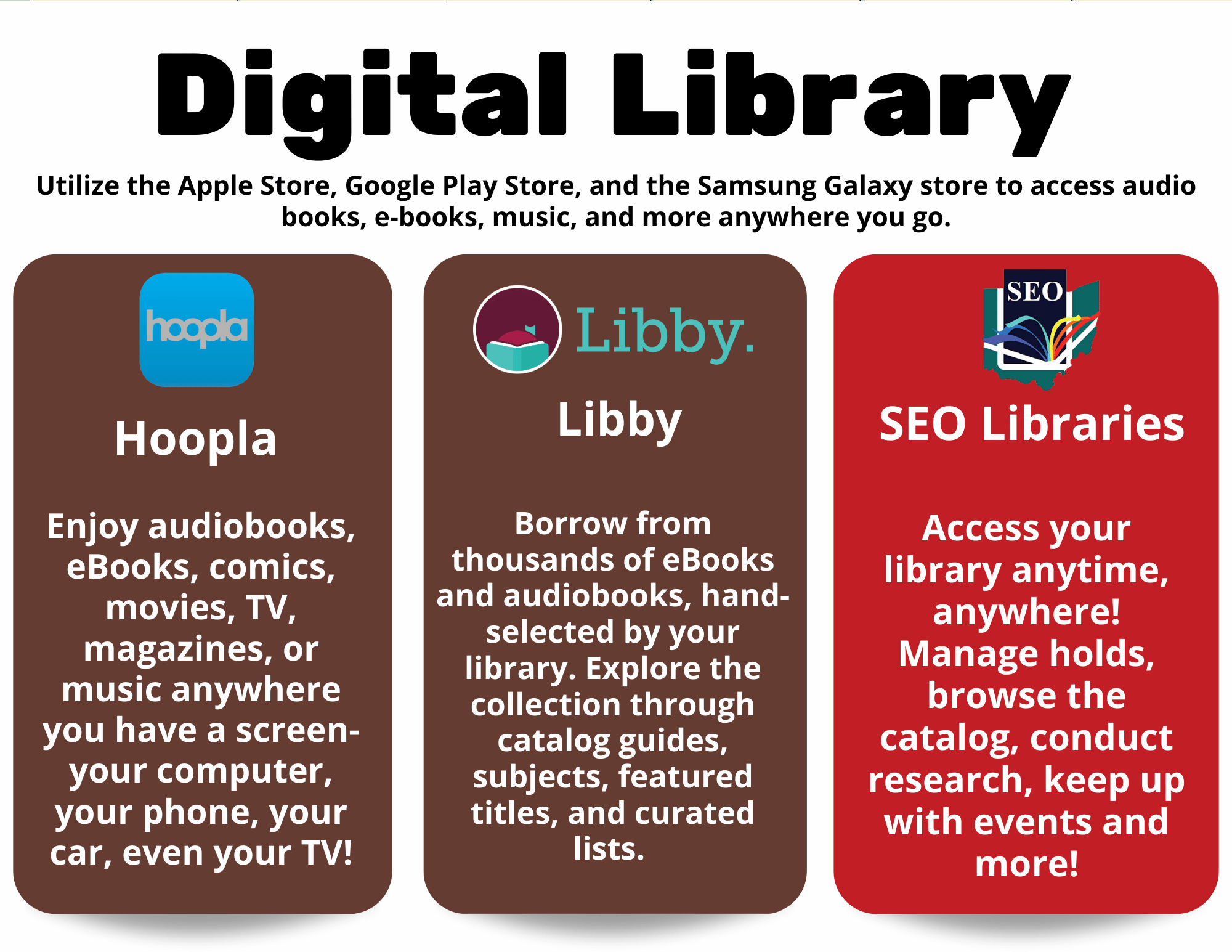 Calendar of events for the month of April with color-coded text to correspond with each events age group