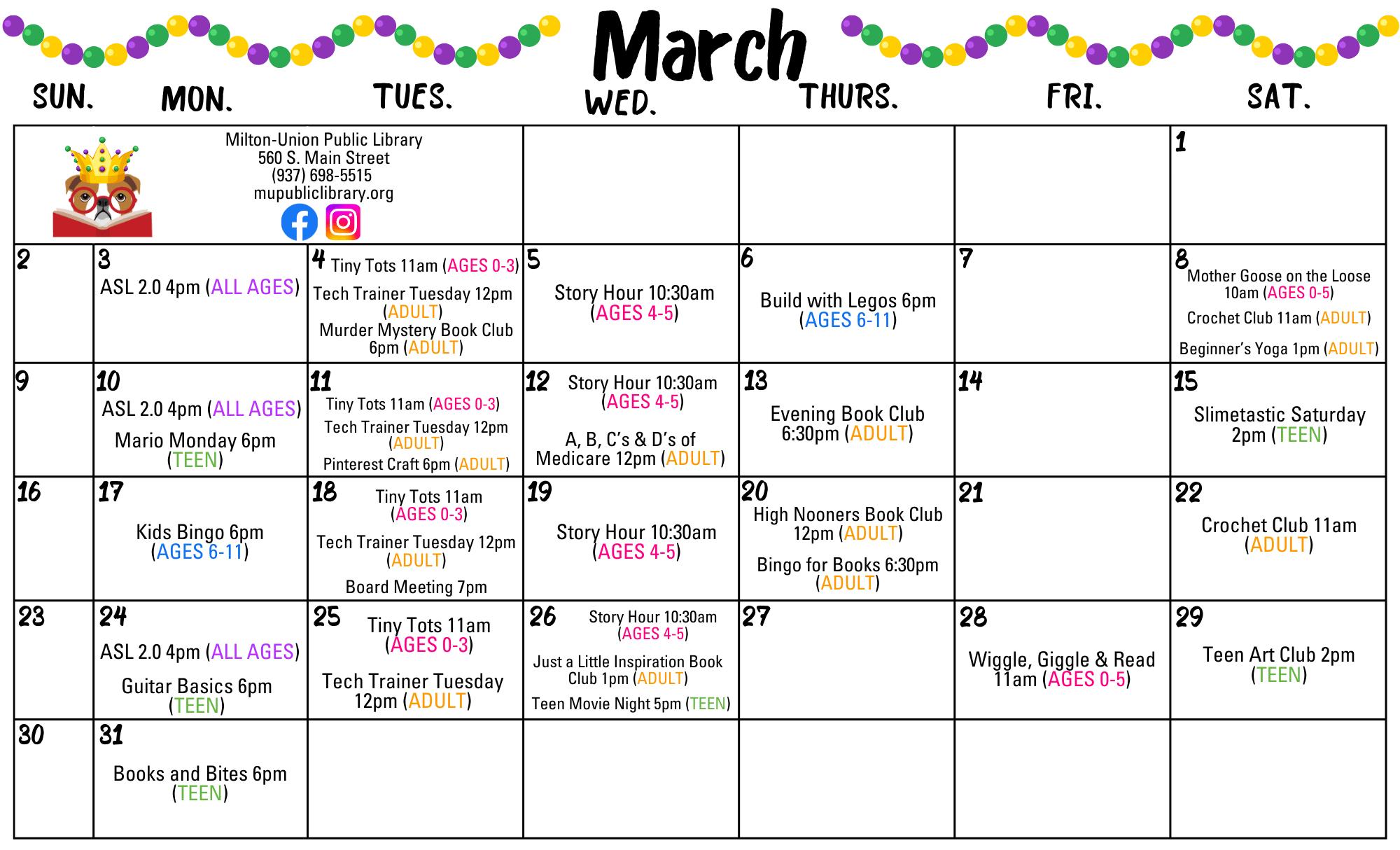 Calendar of events for the month of April with color-coded text to correspond with each events age group