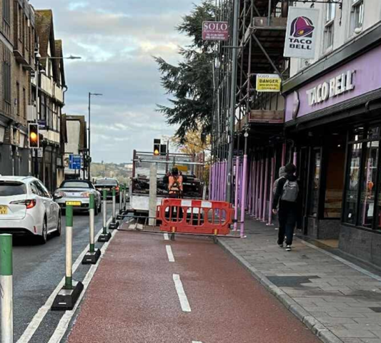 Head Street cycle lane blocked by scaffolding lorry
