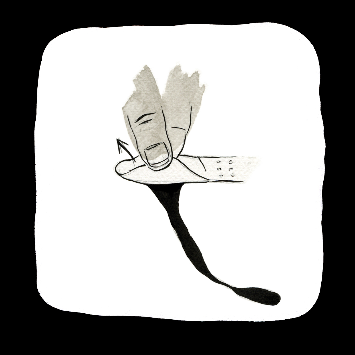 Black and white drawing of two fingers pulling up a bandaid with solid black dripping from underneath on a white background