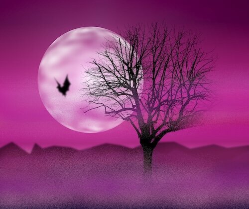 A purple landscape with a bare tree and a bat flying in front of a moon