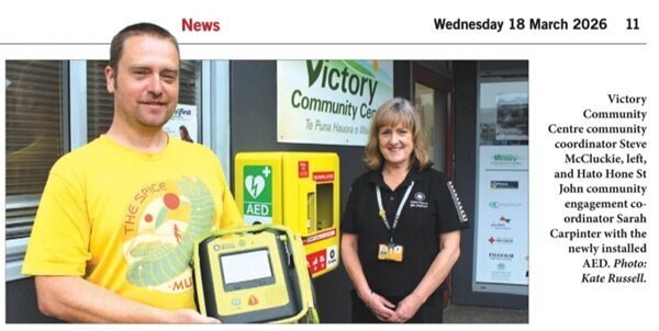 AED photo from the Nelson Weekly featuring Steve and Sarah Carpinter from Hato Hone St John