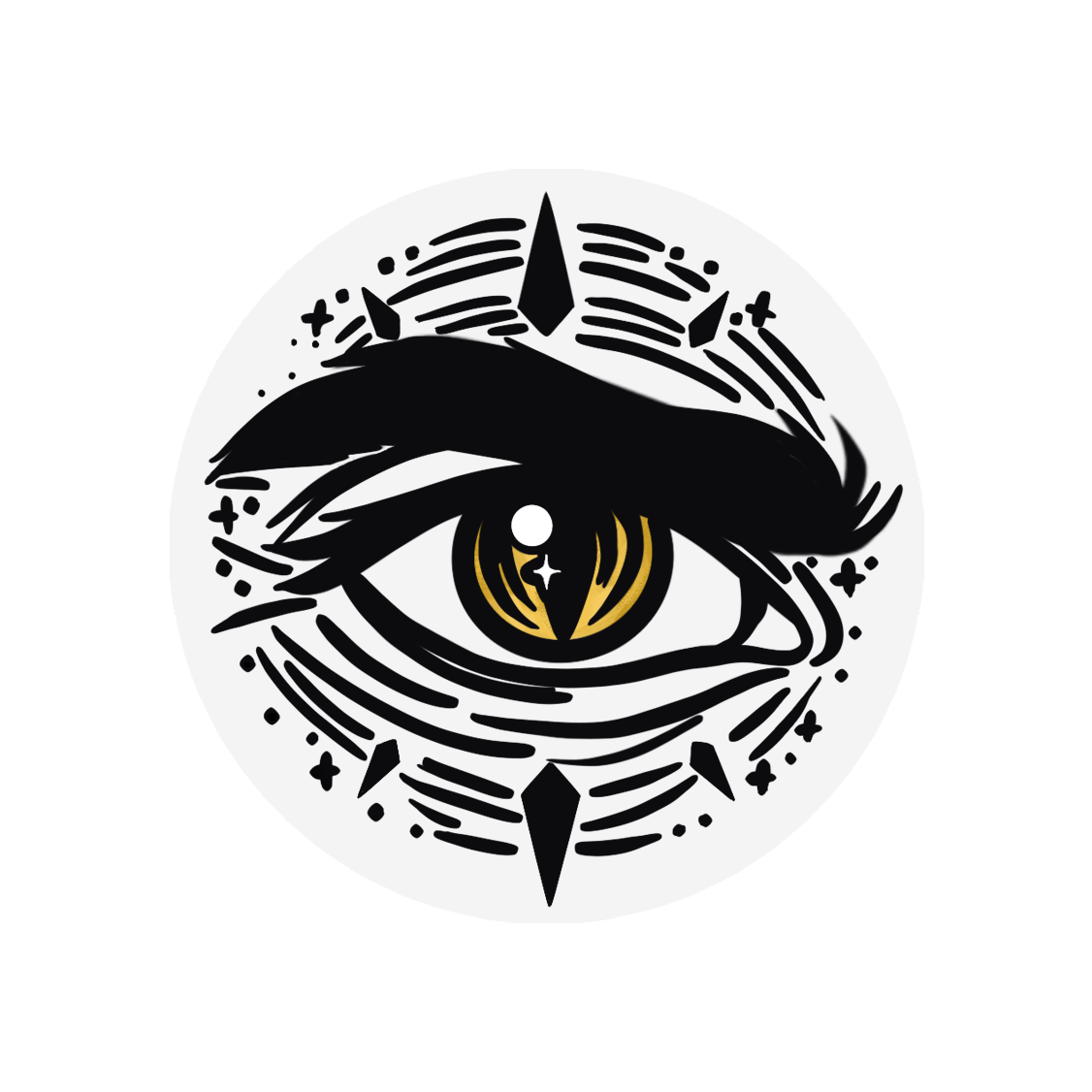 A circular logo showing an eye with a slitted pupil, golden iris, and lowered eyebrow surrounded by stars