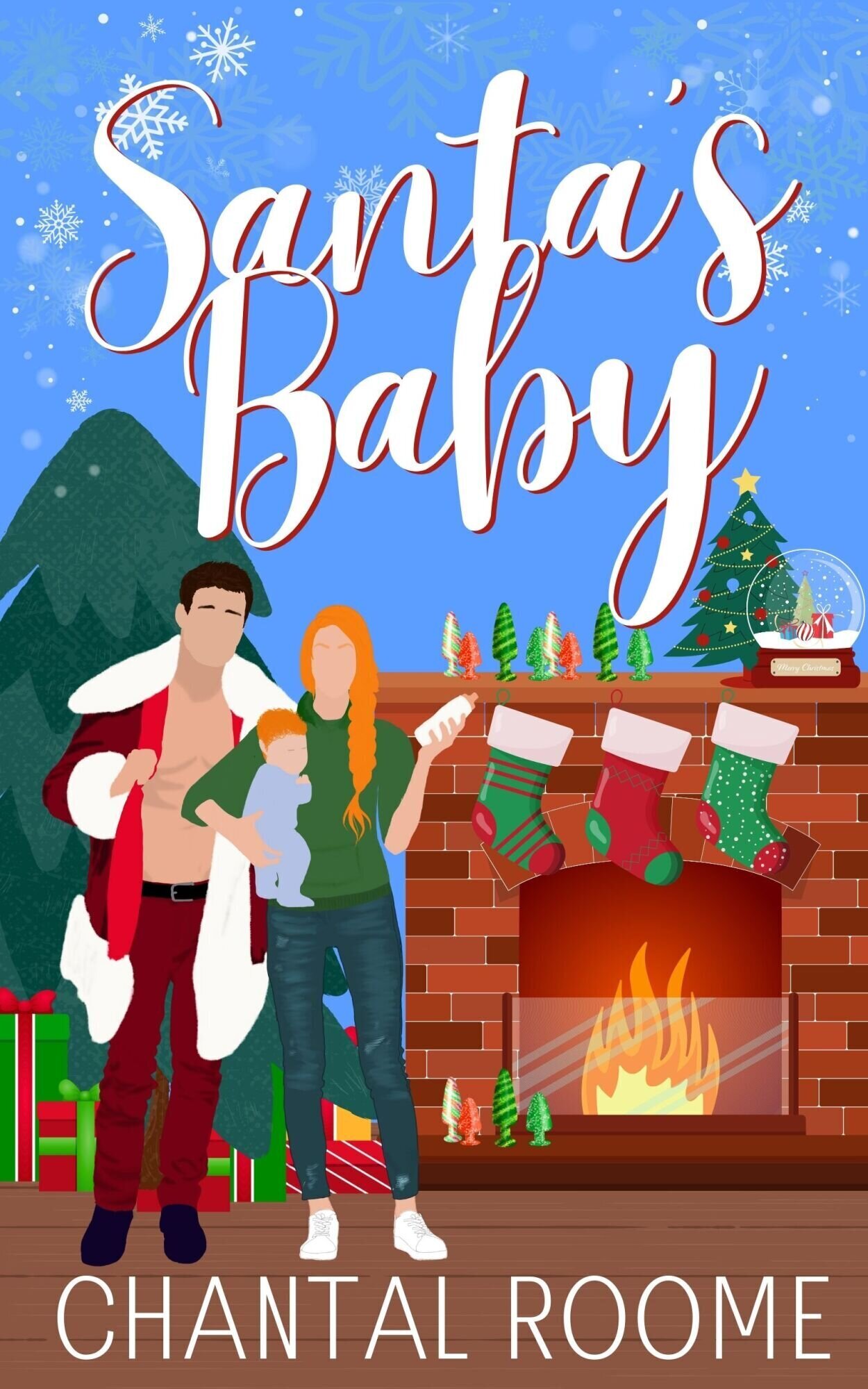 cover of Santa's Baby by Chantal Roome, featuring an illustrated shirtless man in Santa Claus costume, and an illustrated redheaded woman holding a baby and a bottle/