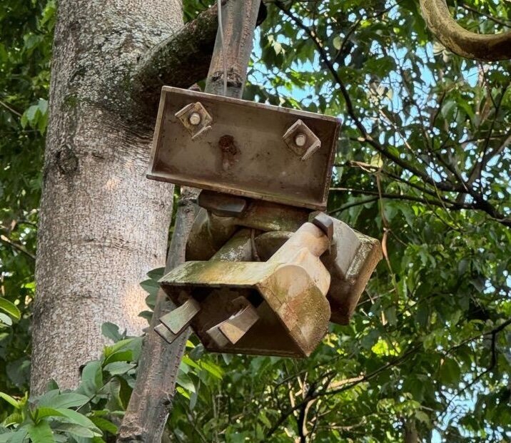 A robot-looking piece of electrical equipment hangs from a telephone pole in Nairobi.