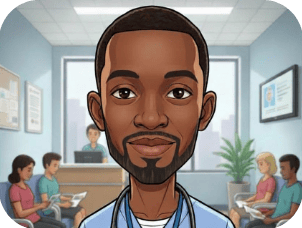 A cartoon doctor wearing light blue scrubs and a stethoscope stands in a medical waiting room with patients seated on benches in the background.